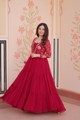 Rani Pink Faux Blooming Fabric Embroidered Gown with 12-Meter Flair & Fancy V-Neck Design ClothsVilla