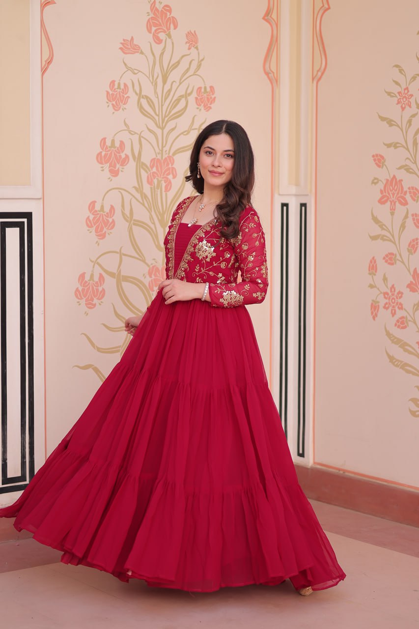 Rani Pink Faux Blooming Fabric Embroidered Gown with 12-Meter Flair & Fancy V-Neck Design ClothsVilla