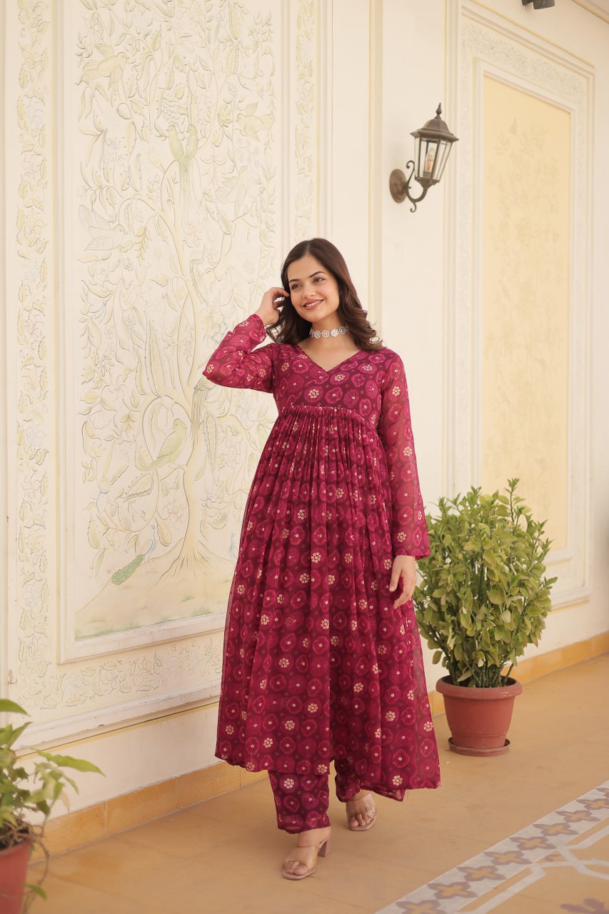 Rani Pink Faux Georgette Foil Print Readymade Top with Pant Set ClothsVilla Main image