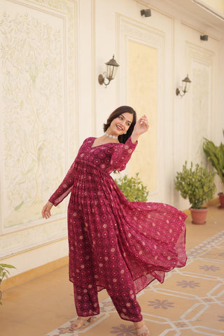 Rani Pink Faux Georgette Foil Print Readymade Top with Pant Set ClothsVilla