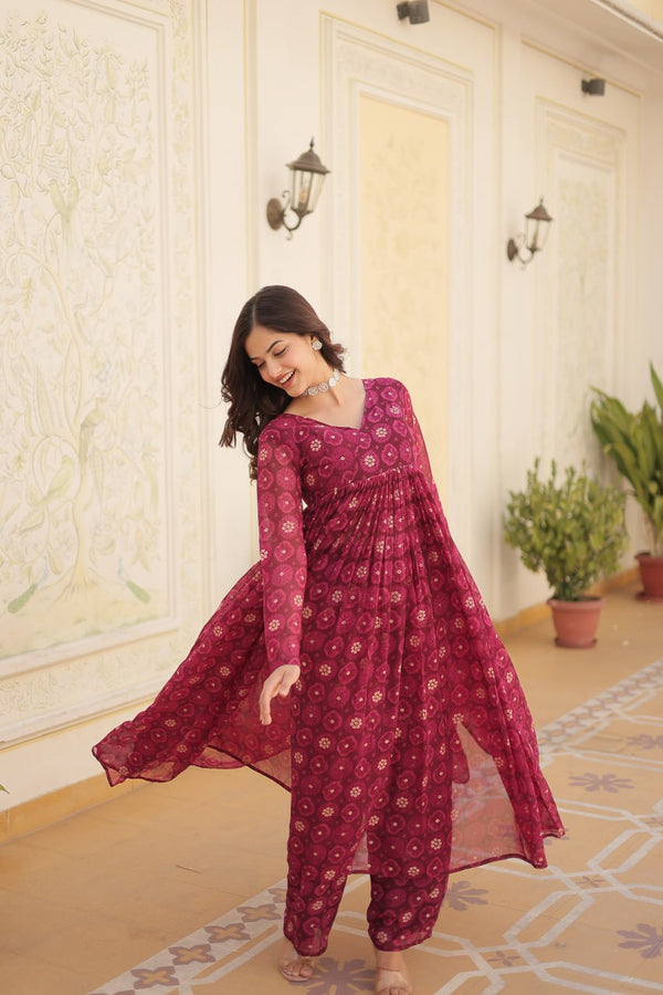 Rani Pink Faux Georgette Foil Print Readymade Top with Pant Set ClothsVilla