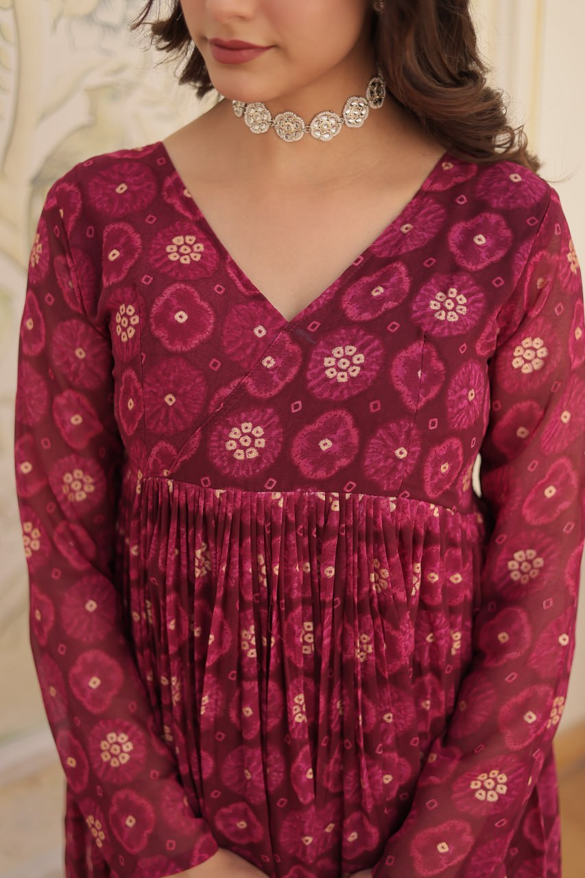 Rani Pink Faux Georgette Foil Print Readymade Top with Pant Set ClothsVilla