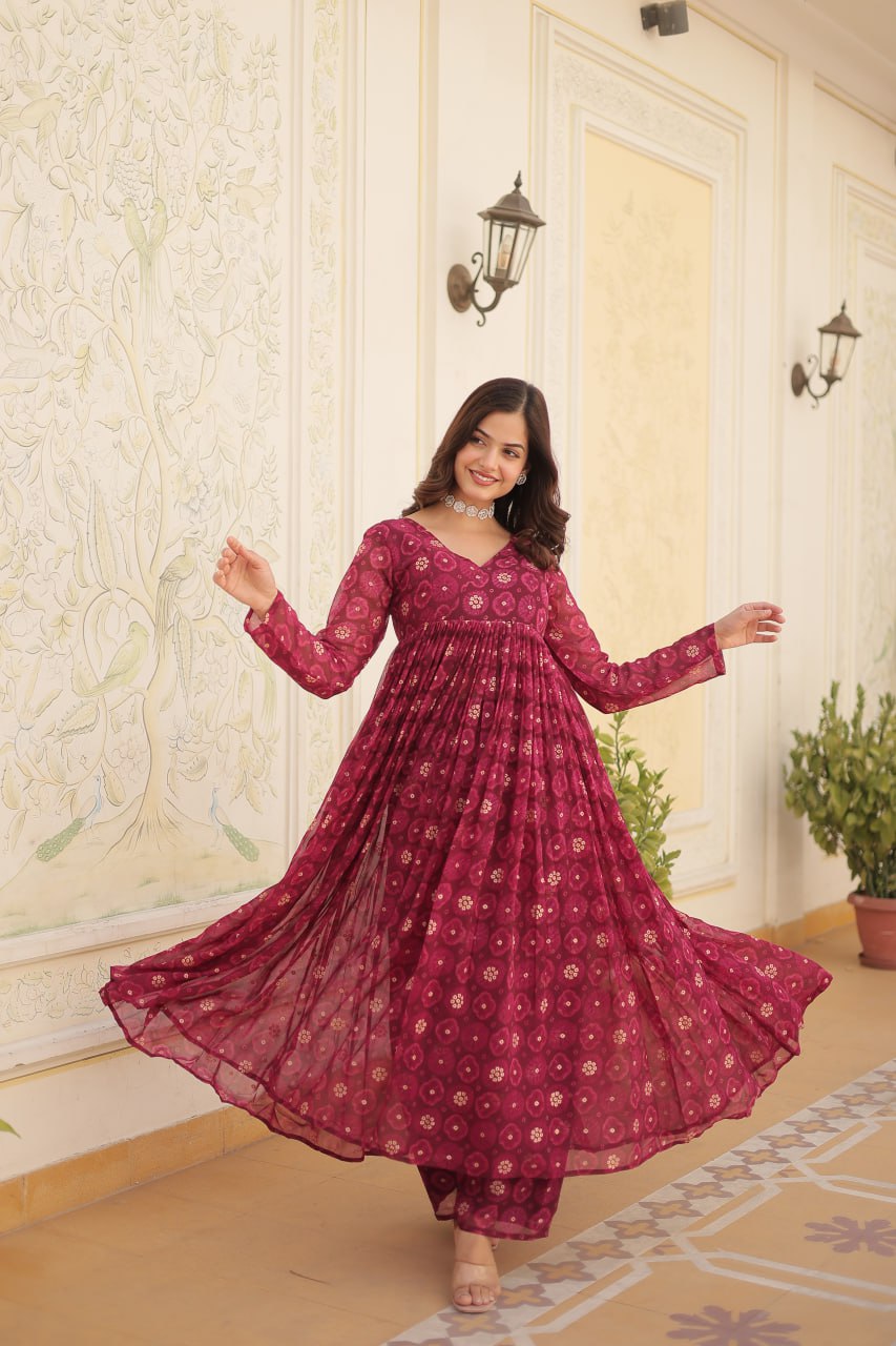 Rani Pink Faux Georgette Foil Print Readymade Top with Pant Set ClothsVilla