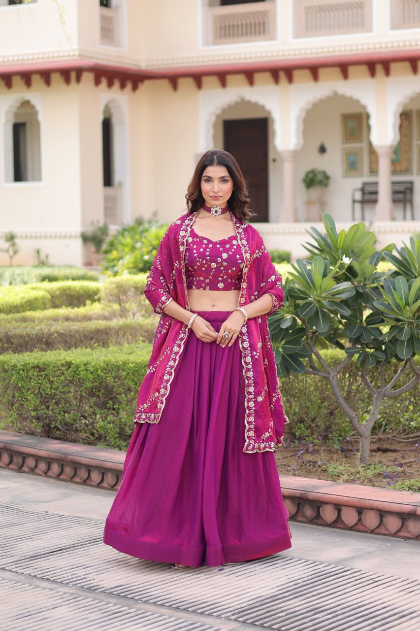 Rani Pink Fendi Silk Bridal Lehenga Set with Sequins Multithread Embroidery & Lace Dupatta – Full-Stitched Designer Wear ClothsVilla Main image