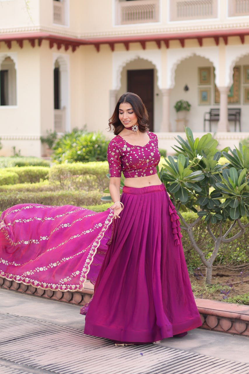 Rani Pink Fendi Silk Bridal Lehenga Set with Sequins Multithread Embroidery & Lace Dupatta – Full-Stitched Designer Wear ClothsVilla