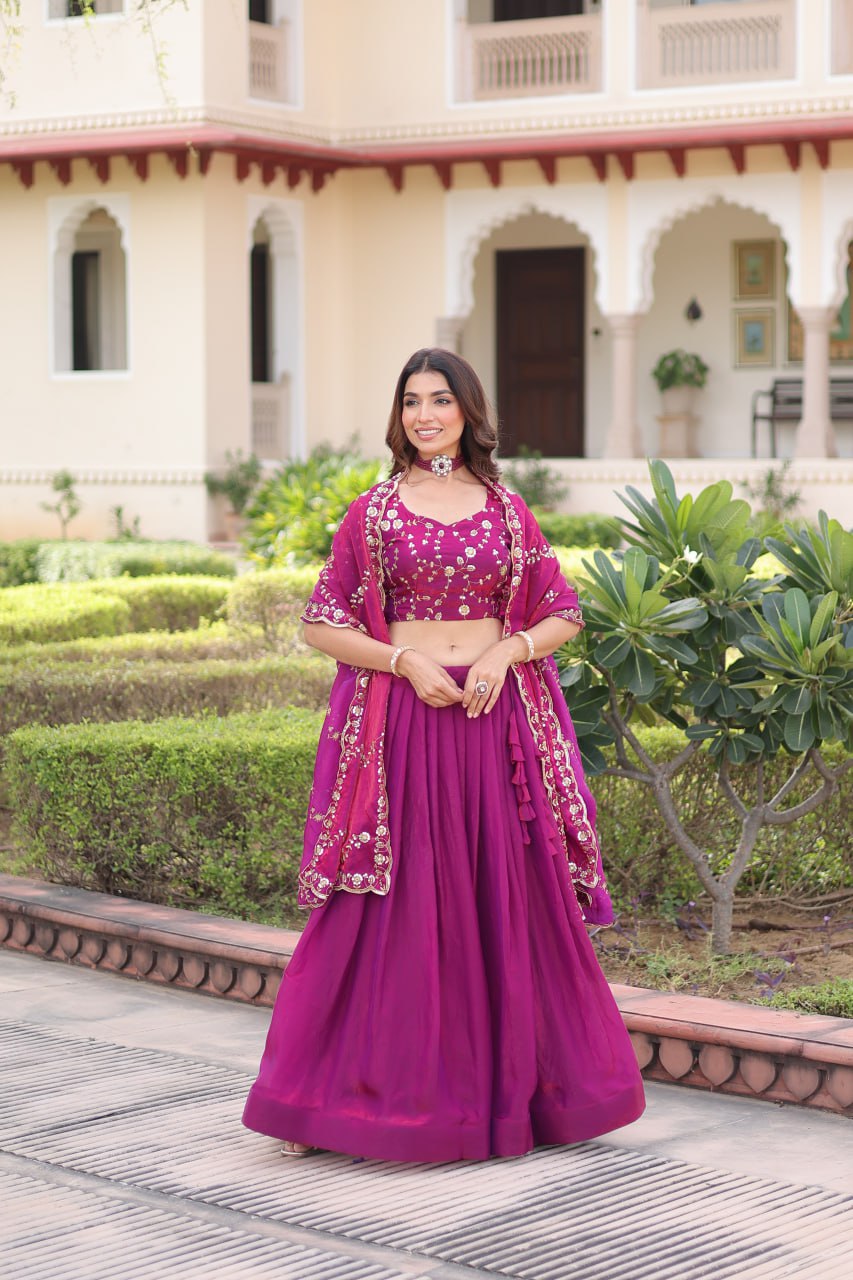 Rani Pink Fendi Silk Bridal Lehenga Set with Sequins Multithread Embroidery & Lace Dupatta – Full-Stitched Designer Wear ClothsVilla