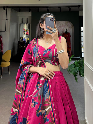 Rani Pink Floral Lehenga Choli with Foil Print & Gotta Patti Dupatta ClothsVilla