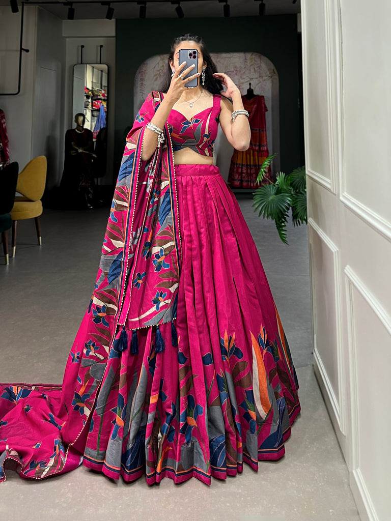 Rani Pink Floral Lehenga Choli with Foil Print & Gotta Patti Dupatta ClothsVilla