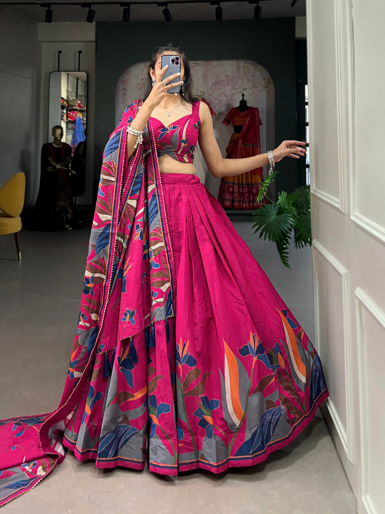 Rani Pink Floral Lehenga Choli with Foil Print & Gotta Patti Dupatta