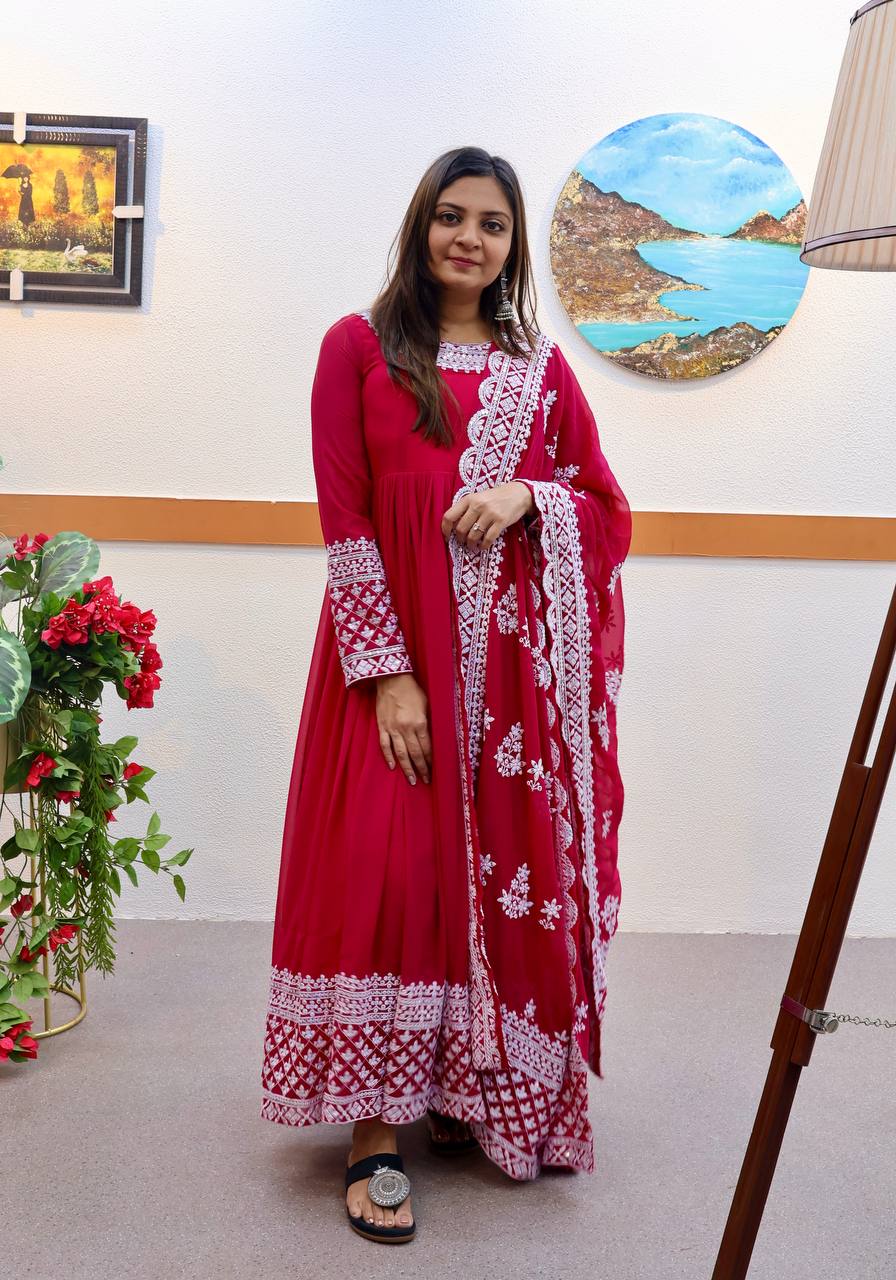 Rani Pink Fox Georgette Sequin Embroidered Gown with Flowing Skirt and Matching Dupatta Secondary image