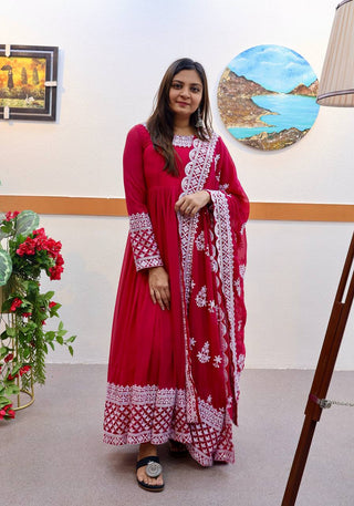Rani Pink Fox Georgette Sequin Embroidered Gown with Flowing Skirt and Matching Dupatta ClothsVilla