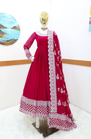 Rani Pink Fox Georgette Sequin Embroidered Gown with Flowing Skirt and Matching Dupatta ClothsVilla