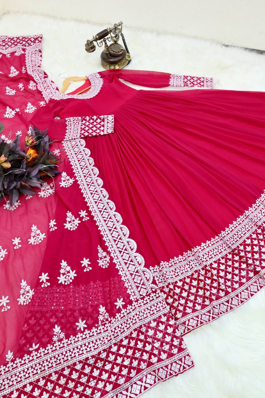 Rani Pink Fox Georgette Sequin Embroidered Gown with Flowing Skirt and Matching Dupatta ClothsVilla