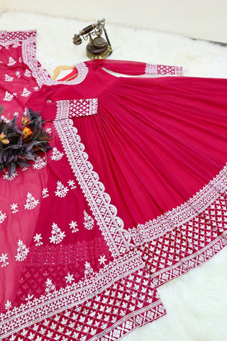 Rani Pink Fox Georgette Sequin Embroidered Gown with Flowing Skirt and Matching Dupatta ClothsVilla