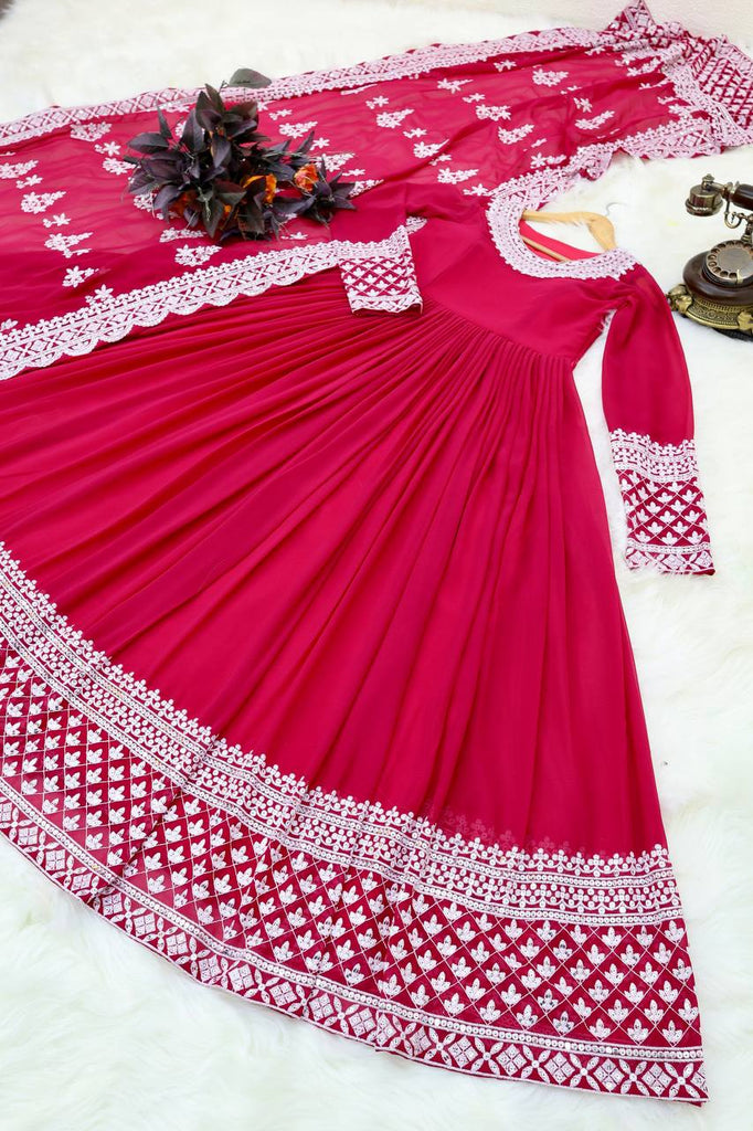 Rani Pink Fox Georgette Sequin Embroidered Gown with Flowing Skirt and Matching Dupatta ClothsVilla