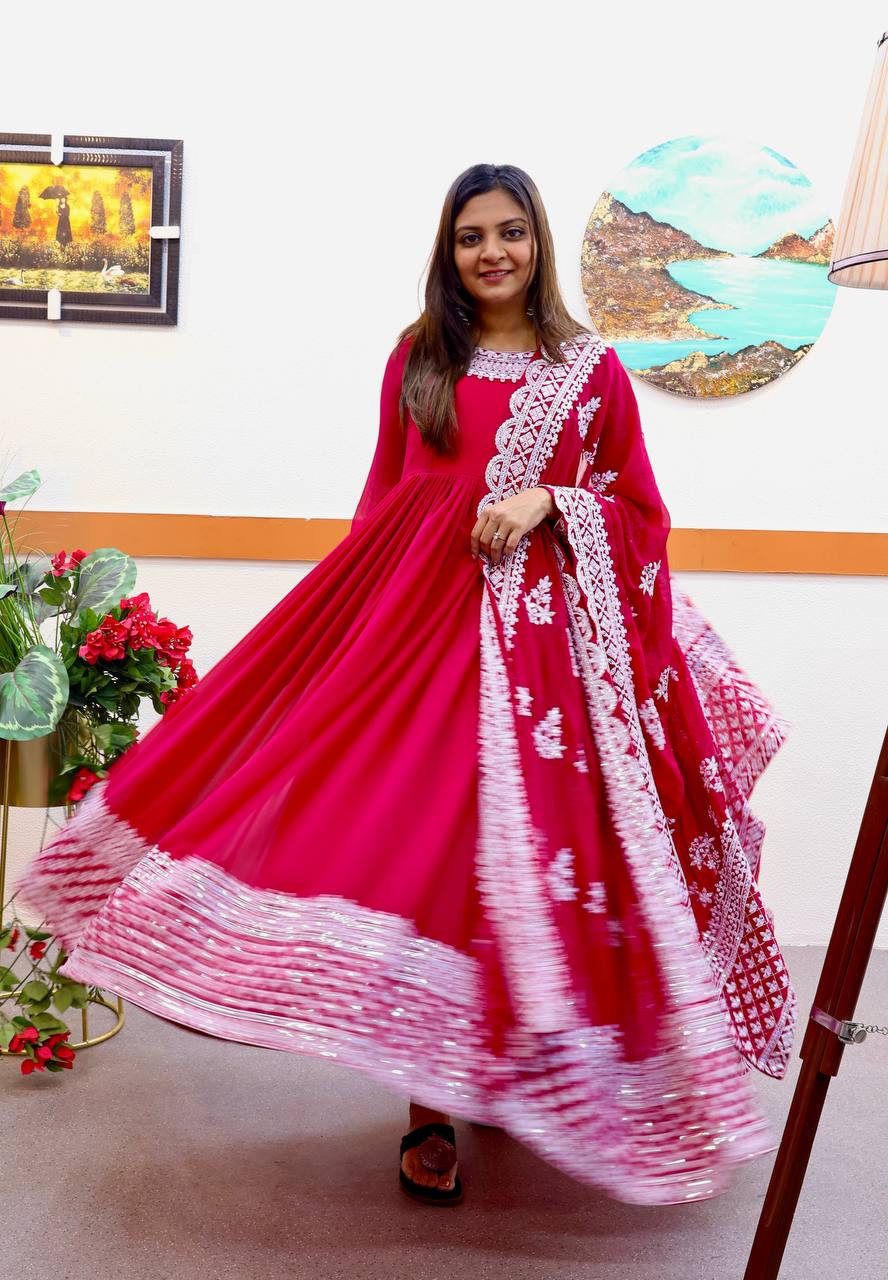 Rani Pink Fox Georgette Sequin Embroidered Gown with Flowing Skirt and Matching Dupatta ClothsVilla