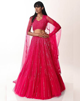 Rani Pink Graceful Double-Layer Net Lehenga Set – Perfect for Wedding Glam ClothsVilla