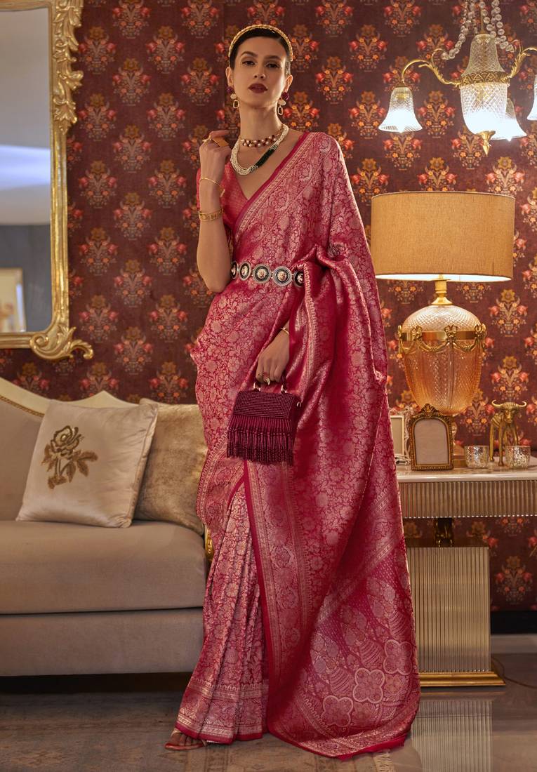 Rani Pink Graceful Kanjivaram Silk Blend Saree – Woven Design ClothsVilla