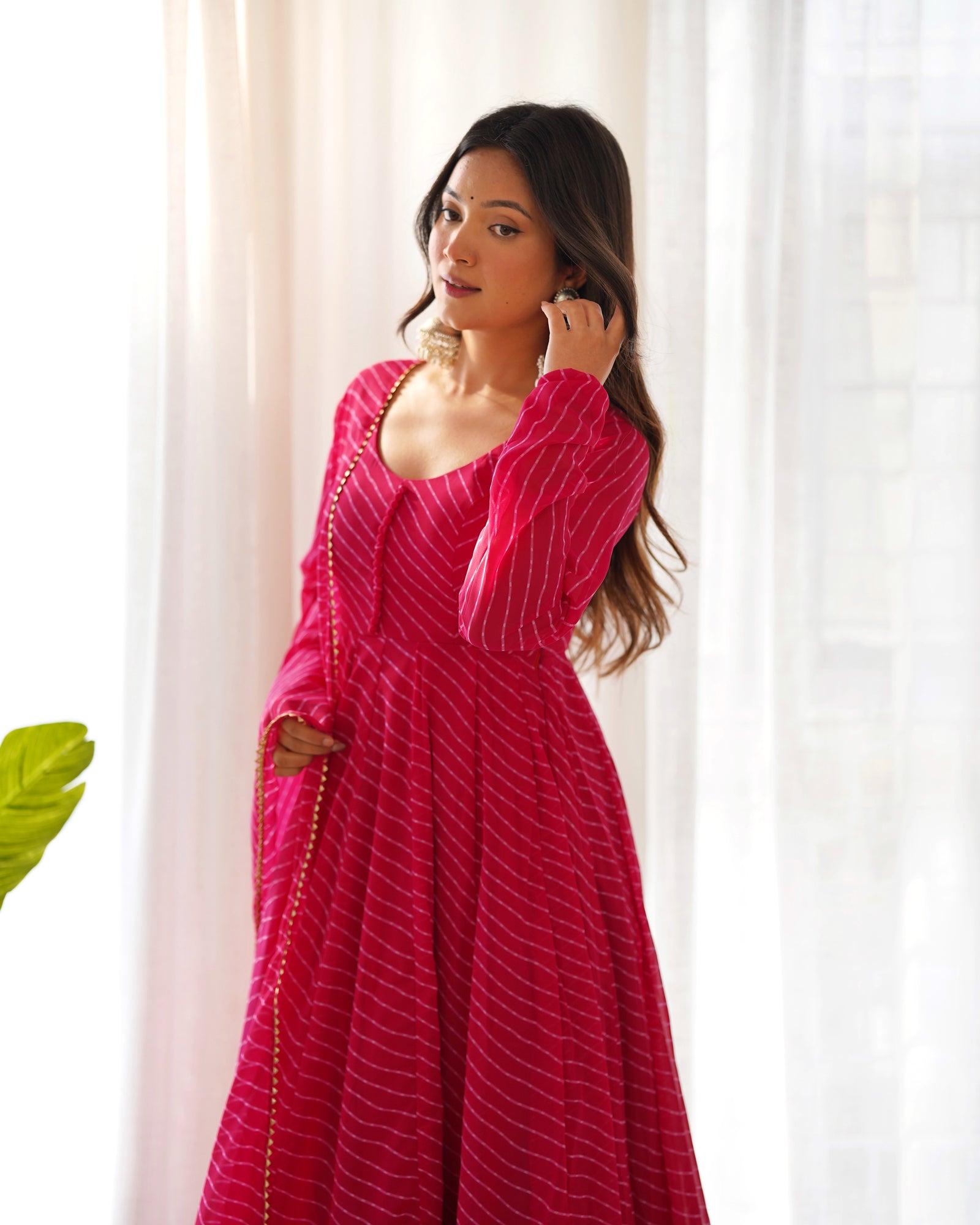 Rani Pink High-End Pure Fox Georgette Laheriya Print Anarkali Set with Dupatta – Perfect for Summer Weddings