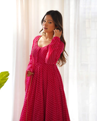 Rani Pink High-End Pure Fox Georgette Laheriya Print Anarkali Set with Dupatta – Perfect for Summer Weddings