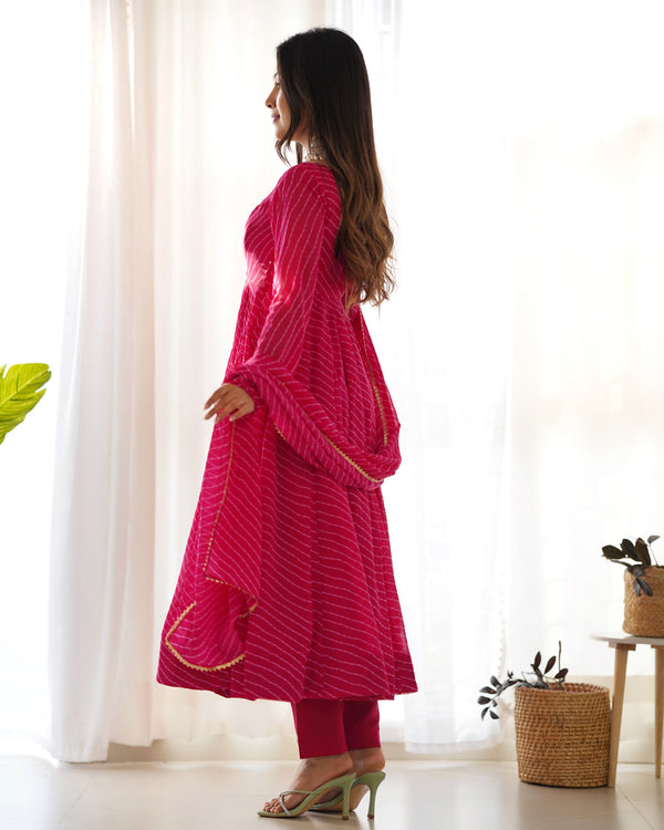 Rani Pink High-End Pure Fox Georgette Laheriya Print Anarkali Set with Dupatta – Perfect for Summer Weddings