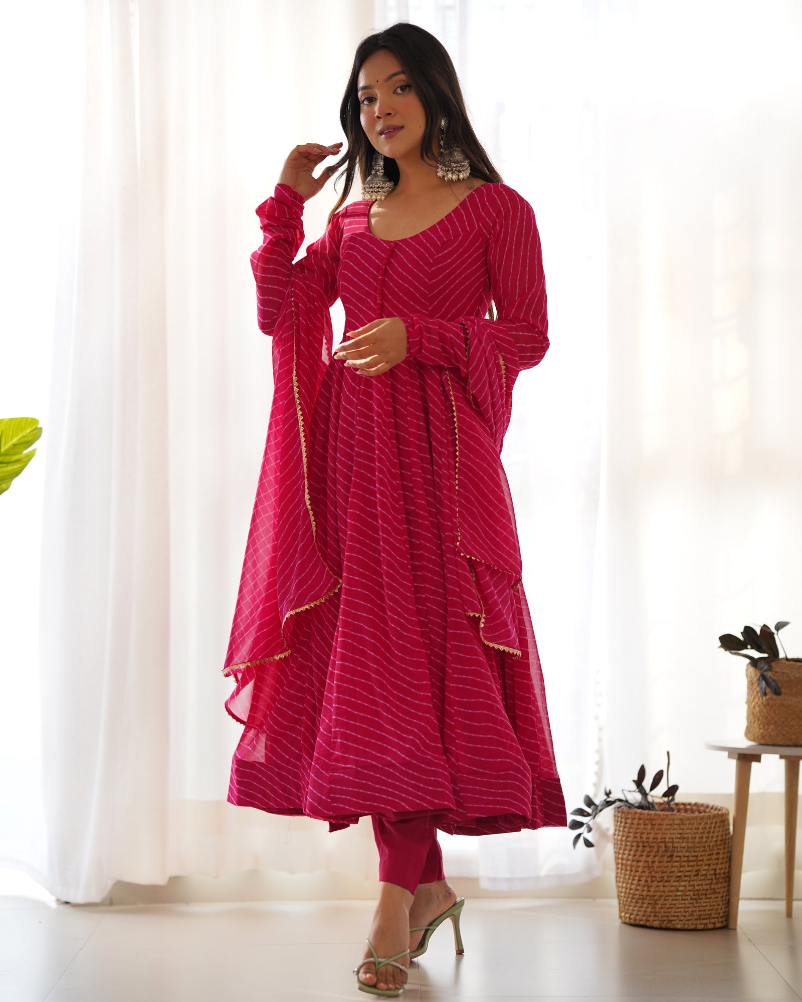 Rani Pink High-End Pure Fox Georgette Laheriya Print Anarkali Set with Dupatta – Perfect for Summer Weddings