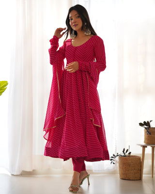 Rani Pink High-End Pure Fox Georgette Laheriya Print Anarkali Set with Dupatta – Perfect for Summer Weddings