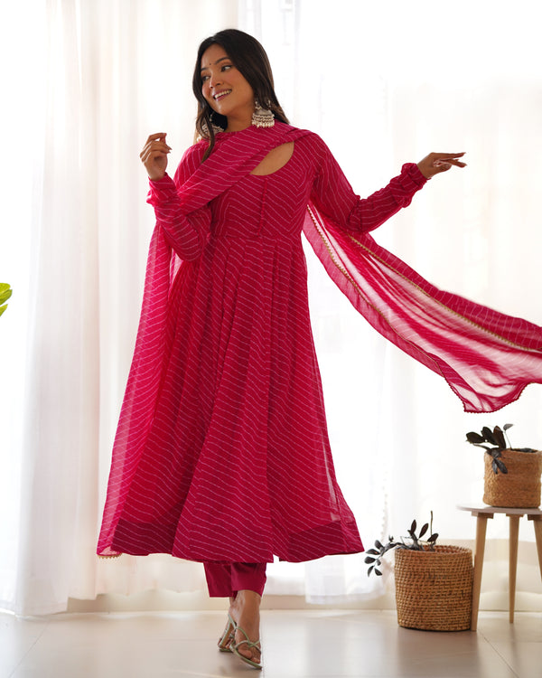Rani Pink High-End Pure Fox Georgette Laheriya Print Anarkali Set with Dupatta – Perfect for Summer Weddings