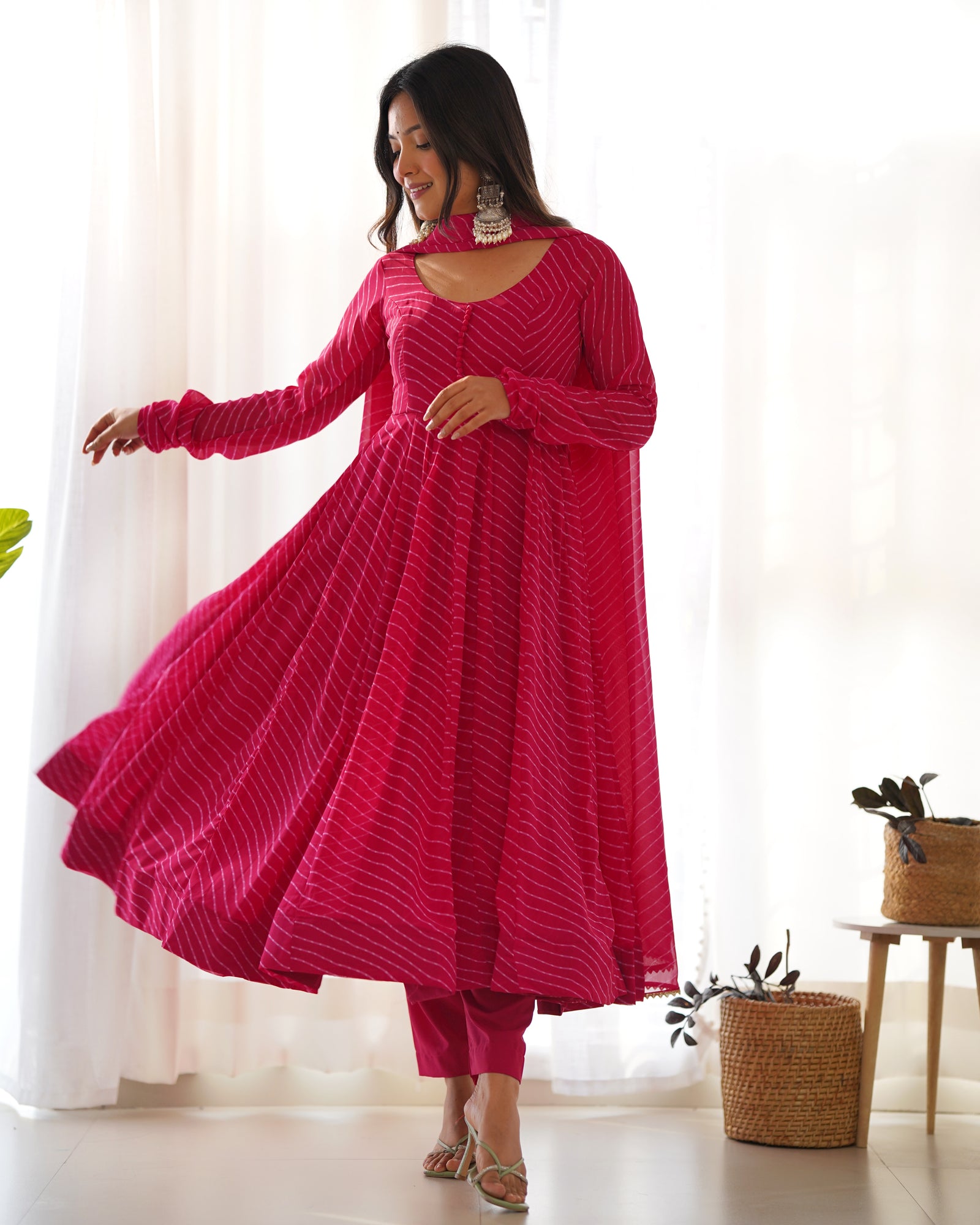 Rani Pink High-End Pure Fox Georgette Laheriya Print Anarkali Set with Dupatta – Perfect for Summer Weddings