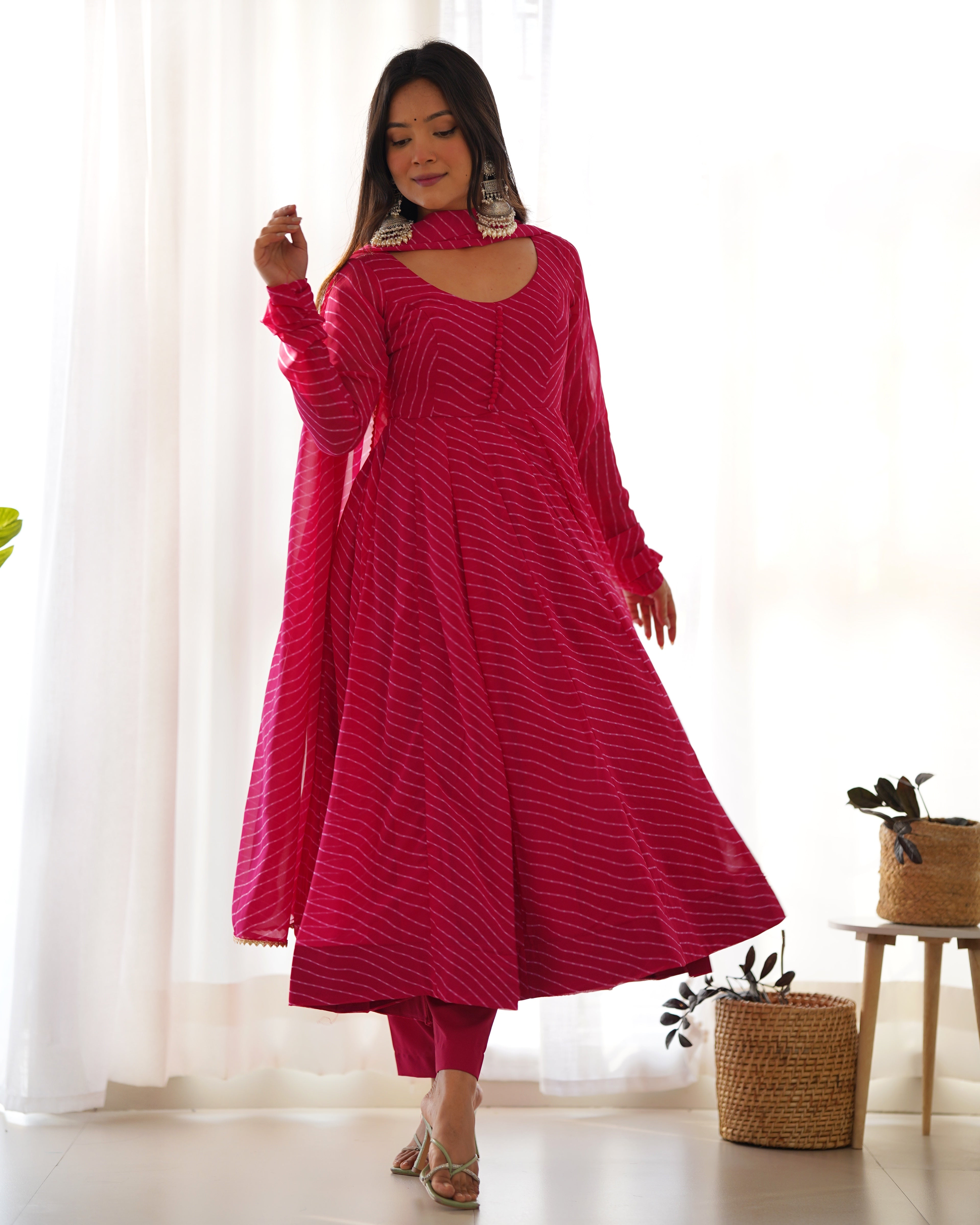 Rani Pink High-End Pure Fox Georgette Laheriya Print Anarkali Set with Dupatta – Perfect for Summer Weddings Main image