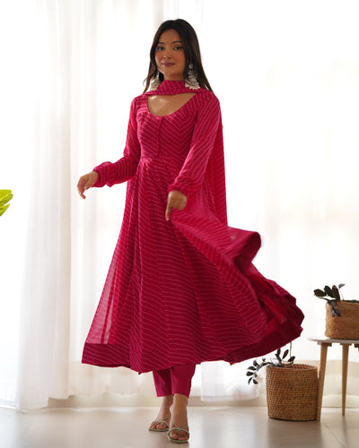 Rani Pink High-End Pure Fox Georgette Laheriya Print Anarkali Set with Dupatta – Perfect for Summer Weddings