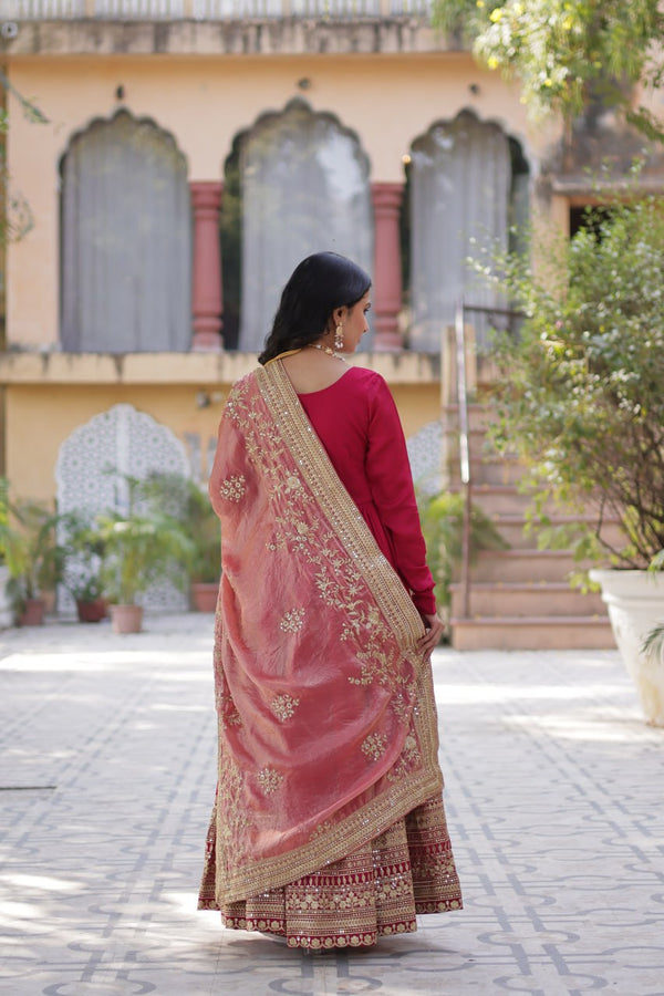 Rani Pink Luxury Shimmer Vichitra Gown with Embroidered Dupatta – Elegance Redefined ClothsVilla