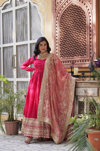 Rani Pink Luxury Shimmer Vichitra Gown with Embroidered Dupatta – Elegance Redefined ClothsVilla
