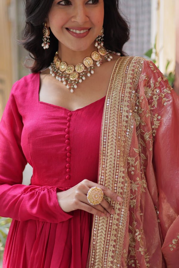 Rani Pink Luxury Shimmer Vichitra Gown with Embroidered Dupatta – Elegance Redefined ClothsVilla