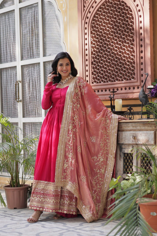 Rani Pink Luxury Shimmer Vichitra Gown with Embroidered Dupatta – Elegance Redefined ClothsVilla