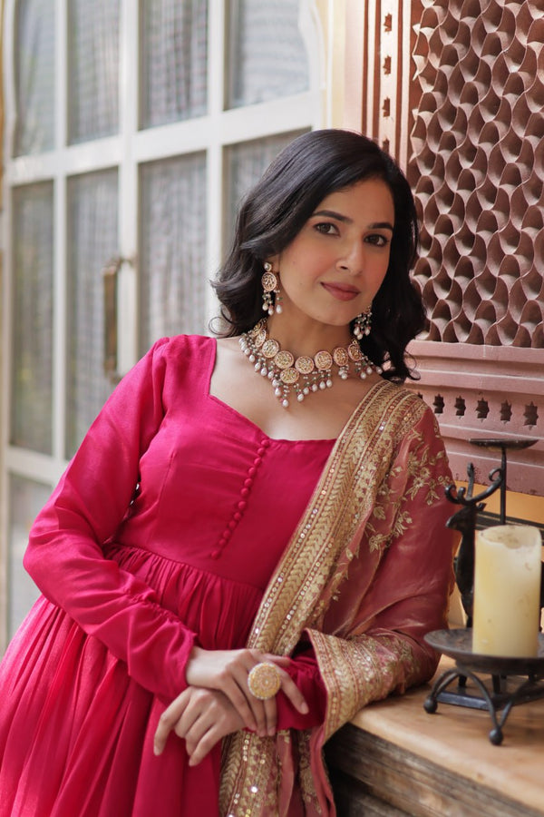 Rani Pink Luxury Shimmer Vichitra Gown with Embroidered Dupatta – Elegance Redefined ClothsVilla