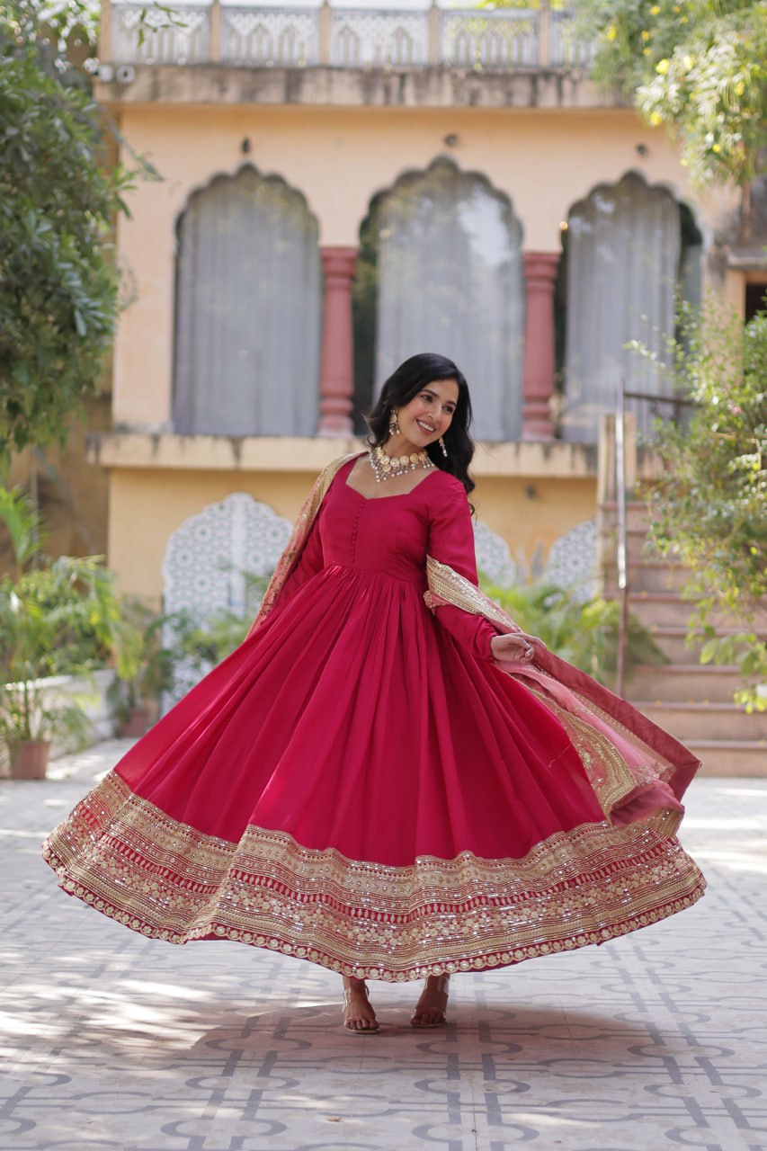 Rani Pink Luxury Shimmer Vichitra Gown with Embroidered Dupatta – Elegance Redefined ClothsVilla