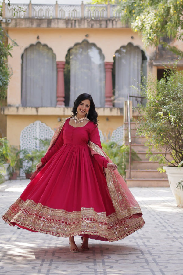 Rani Pink Luxury Shimmer Vichitra Gown with Embroidered Dupatta – Elegance Redefined ClothsVilla