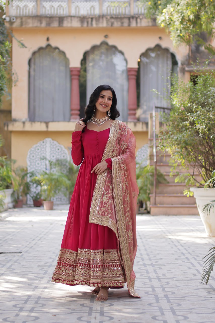 Rani Pink Luxury Shimmer Vichitra Gown with Embroidered Dupatta – Elegance Redefined ClothsVilla Main image