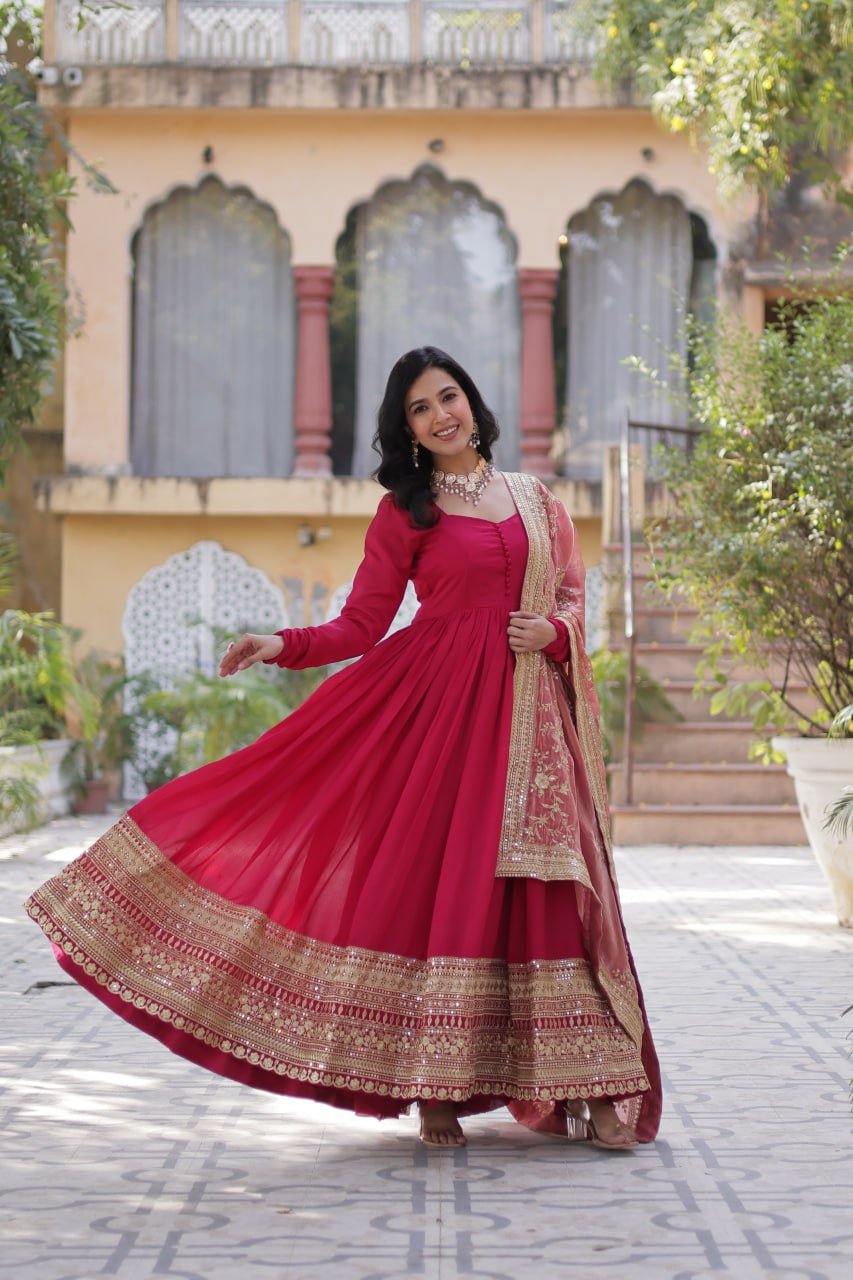 Rani Pink Luxury Shimmer Vichitra Gown with Embroidered Dupatta – Elegance Redefined ClothsVilla