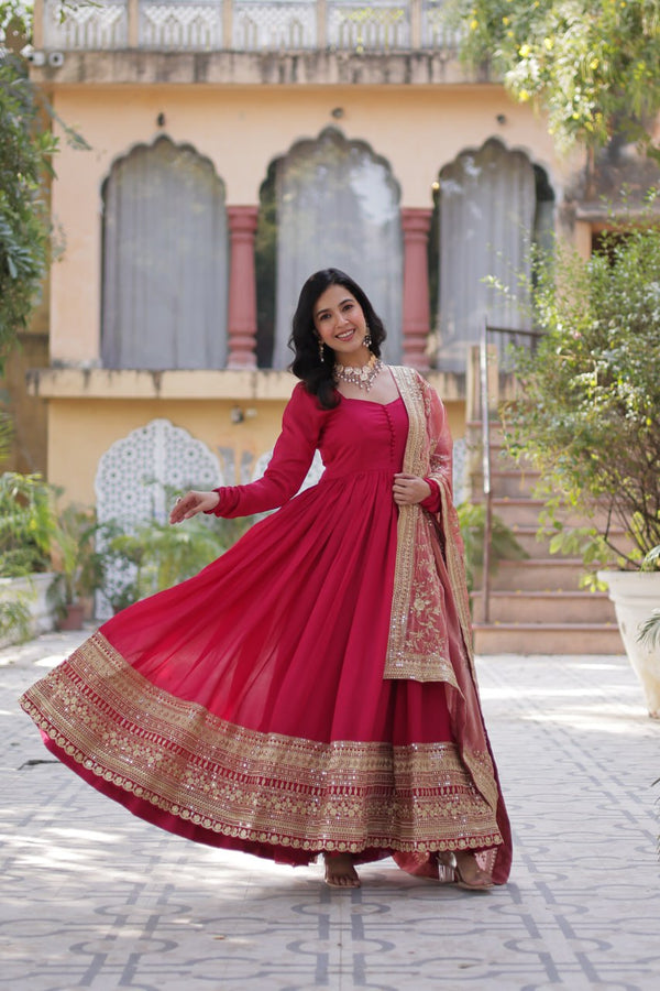 Rani Pink Luxury Shimmer Vichitra Gown with Embroidered Dupatta – Elegance Redefined ClothsVilla