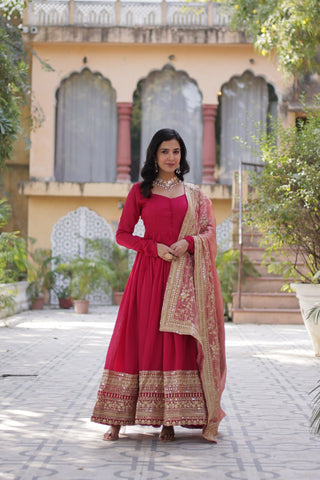 Rani Pink Luxury Shimmer Vichitra Gown with Embroidered Dupatta – Elegance Redefined ClothsVilla