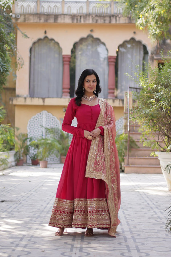 Rani Pink Luxury Shimmer Vichitra Gown with Embroidered Dupatta – Elegance Redefined ClothsVilla