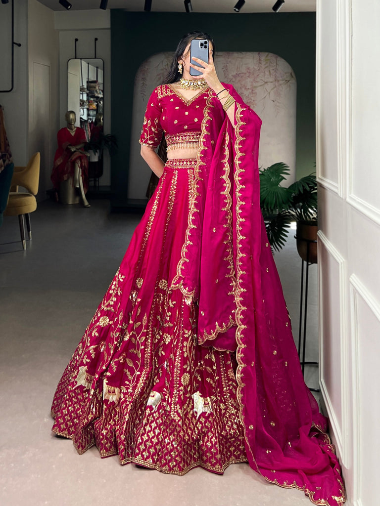 Rani Pink Natural Silk Sequins & Thread Embroidered Lehenga Choli Set with Organza Dupatta – Stitched 4-Meter Flair Lehenga with Double Cancan & Designer Unstitched Blouse ClothsVilla