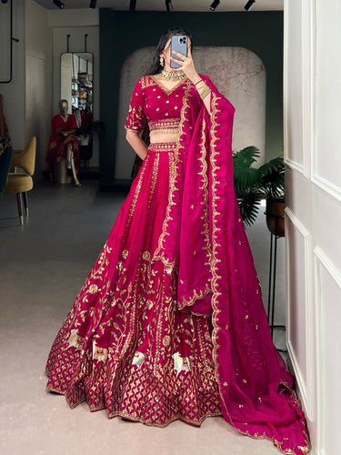 Rani Pink Natural Silk Sequins & Thread Embroidered Lehenga Choli Set with Organza Dupatta – Stitched 4-Meter Flair Lehenga with Double Cancan & Designer Unstitched Blouse ClothsVilla
