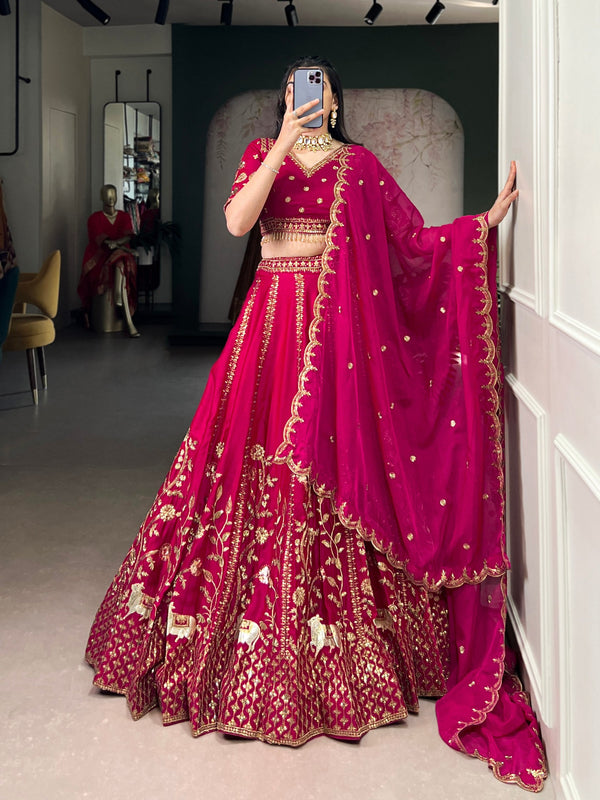Rani Pink Natural Silk Sequins & Thread Embroidered Lehenga Choli Set with Organza Dupatta – Stitched 4-Meter Flair Lehenga with Double Cancan & Designer Unstitched Blouse ClothsVilla