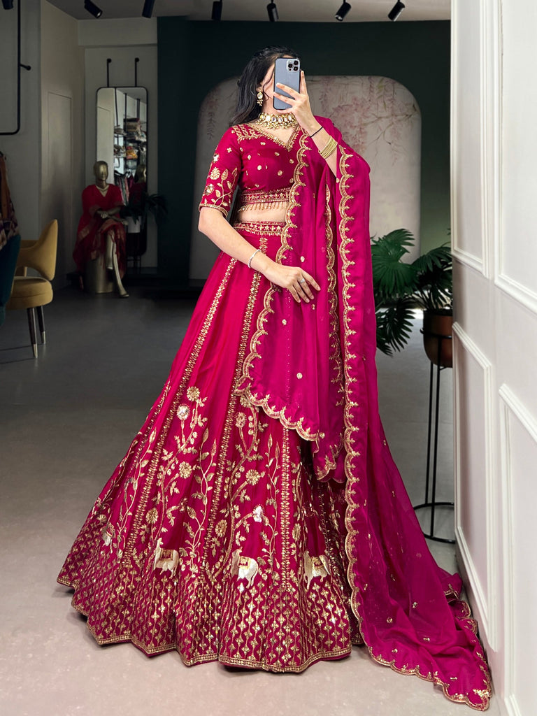 Rani Pink Natural Silk Sequins & Thread Embroidered Lehenga Choli Set with Organza Dupatta – Stitched 4-Meter Flair Lehenga with Double Cancan & Designer Unstitched Blouse ClothsVilla