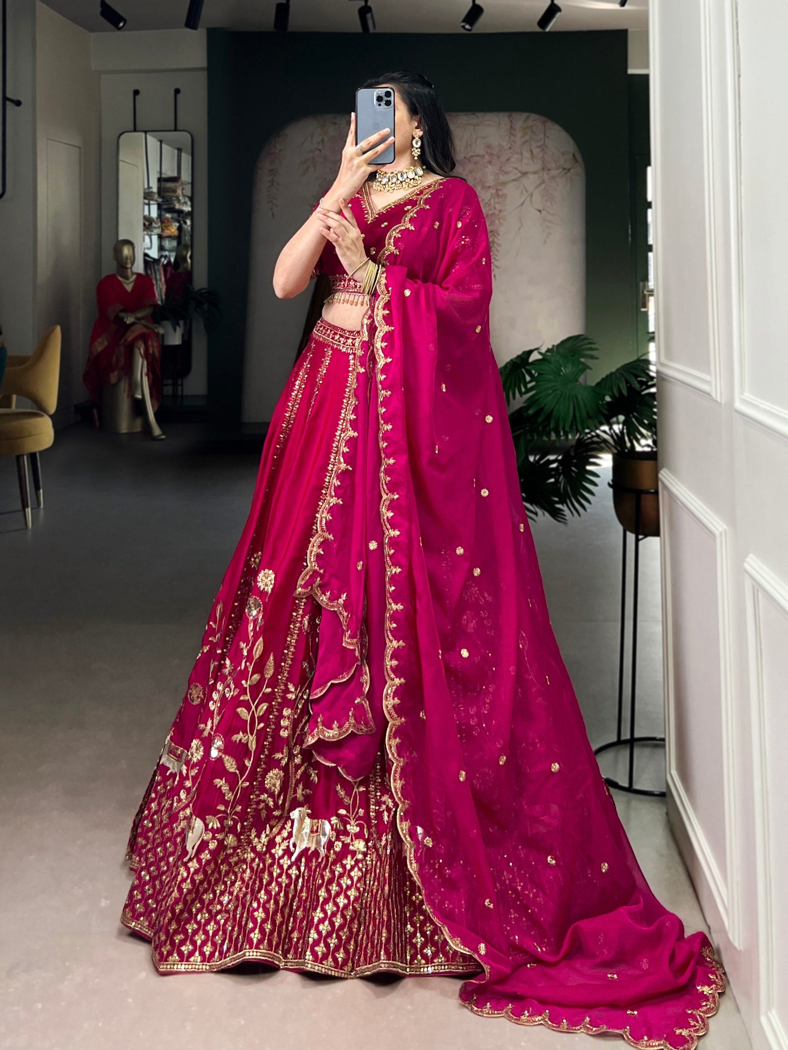 Rani Pink Natural Silk Sequins & Thread Embroidered Lehenga Choli Set with Organza Dupatta – Stitched 4-Meter Flair Lehenga with Double Cancan & Designer Unstitched Blouse ClothsVilla