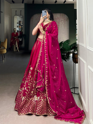 Rani Pink Natural Silk Sequins & Thread Embroidered Lehenga Choli Set with Organza Dupatta – Stitched 4-Meter Flair Lehenga with Double Cancan & Designer Unstitched Blouse ClothsVilla