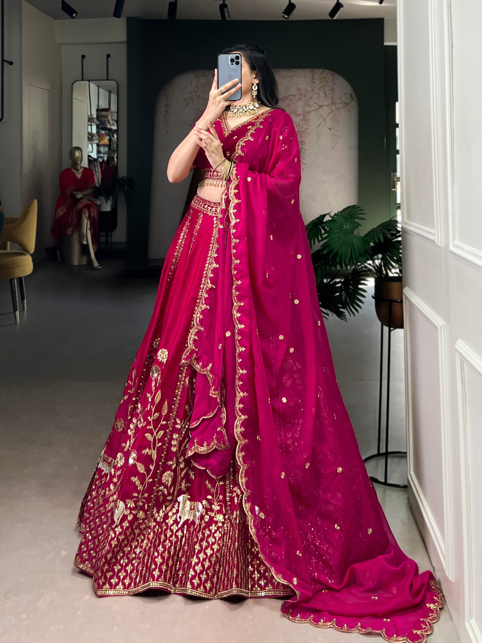 Rani Pink Natural Silk Sequins & Thread Embroidered Lehenga Choli Set with Organza Dupatta – Stitched 4-Meter Flair Lehenga with Double Cancan & Designer Unstitched Blouse ClothsVilla